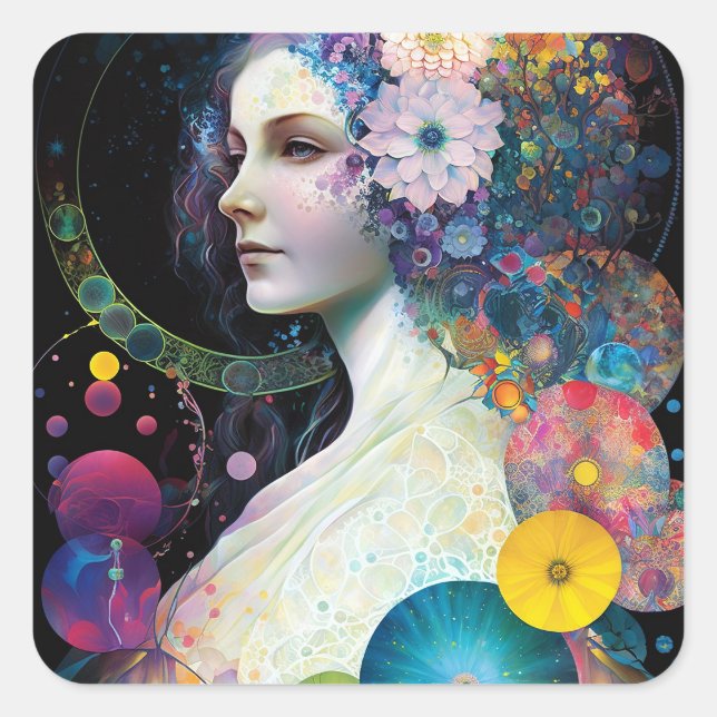 Sticker Carré Imaginaire Surreal Cosmic femme déesse (Devant)