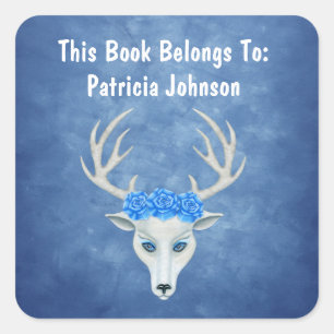 Sticker Carré Imaginaire White Deer Head Gros Roses Misty blues