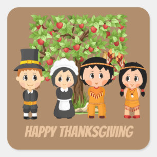 Sticker Carré Indiens pèlerins bons thanksgivings