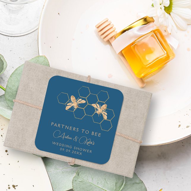 Sticker Carré Indigo & Honeycomb Golden Bee Wedding shower (Créateur téléchargé)