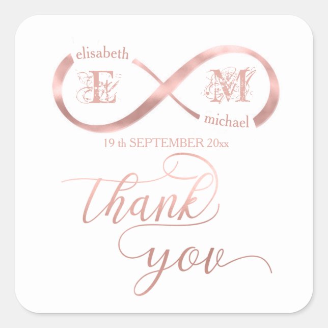 Sticker Carré Infinity rose or romantique monogramme calligraphi (Devant)
