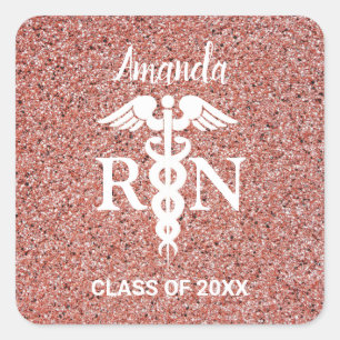 Sticker Carré Infirmière autorisée Caduceus Rose Nom de la Par