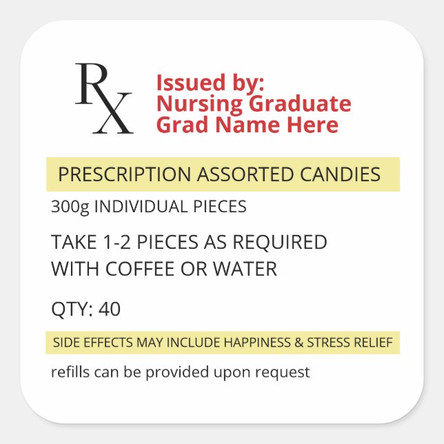Sticker Carré Infirmière diplômée Fun Novelty Rx Prescription (Devant)