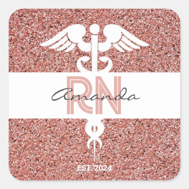 Sticker Carré Infirmière RN Diplômée Dusty Rose Parties scintill (Devant)