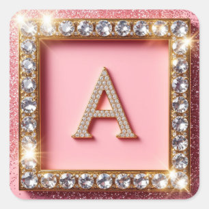 Sticker Carré Initiale A Diamant Paillettes Roses Monogramme