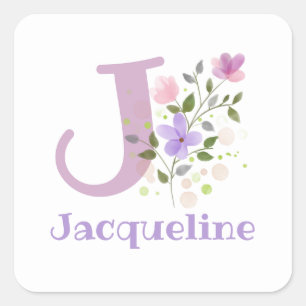 Sticker Carré Initiale J Plus Nom Jacqueline & Fleurs Design