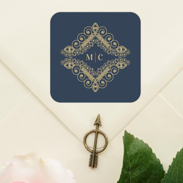 Sticker Carré Initials Navy Blue Gold Sophisticated Swirly (Navy Blue & Fake Gold Elegant Sophisticated Fake Lace Swirly Ornament with Initials Square Sticker.)