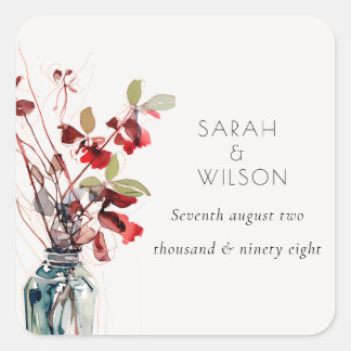 Sticker Carré Inky Red Green Vintage Boho Florals Wedding