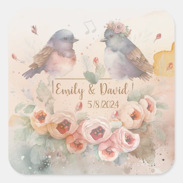 Sticker Carré Inséparables aquarelle avec roses pour mariage (Devant)