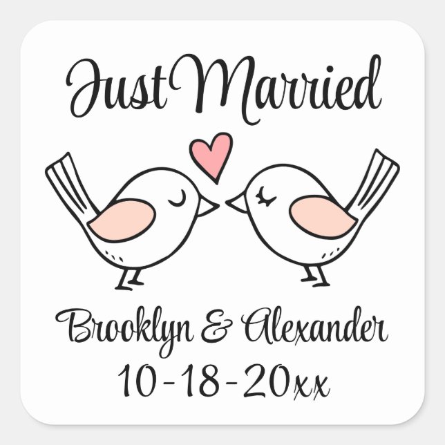 Sticker Carré Inséparables mignons Lovebirds juste marié Mariage (Devant)