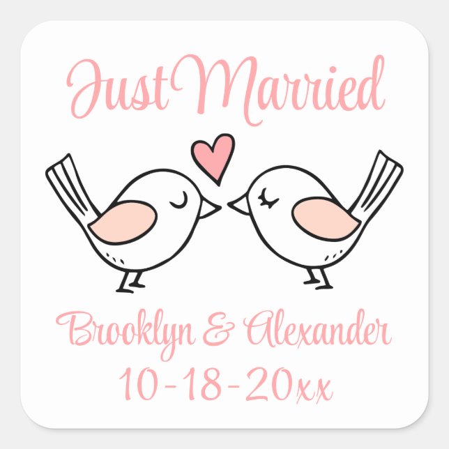 Sticker Carré Inséparables rose juste marié Lovebirds Mariage (Devant)