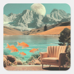 Sticker Carré Intérieur surréaliste avec poissons et paysage au 