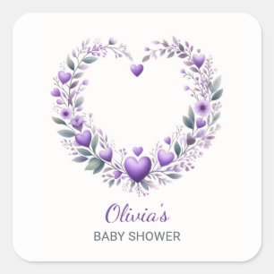 Sticker Carré Invitation Baby shower de coeur floral Lavender