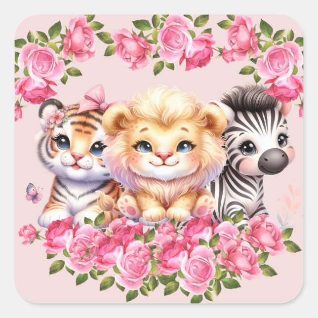 Sticker Carré Invitation Baby shower de la fille animale rose (Devant)
