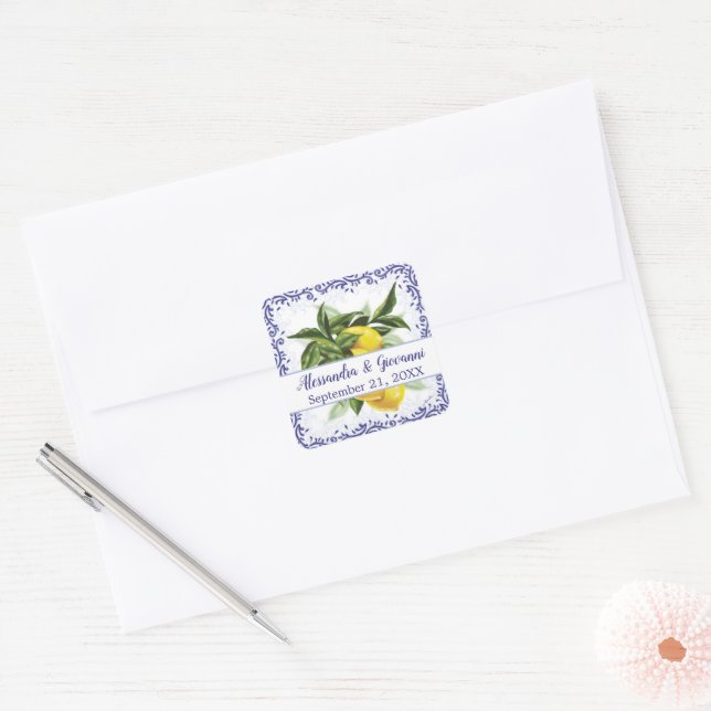 Sticker Carré Invitation Citrons Royal Blue Toile Filigree (Enveloppe)