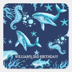 Sticker Carré Invitation d'anniversaire sous la mer, garçon de l