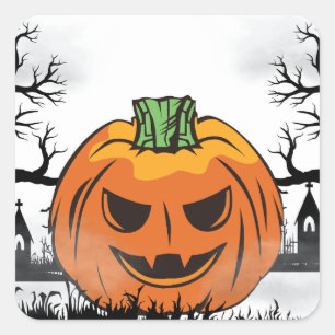 Sticker Carré Invitation d'Halloween modifiable, fête d'Hallowee