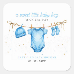 Sticker Carré Invitation pour Baby Shower garçon tenue de budget