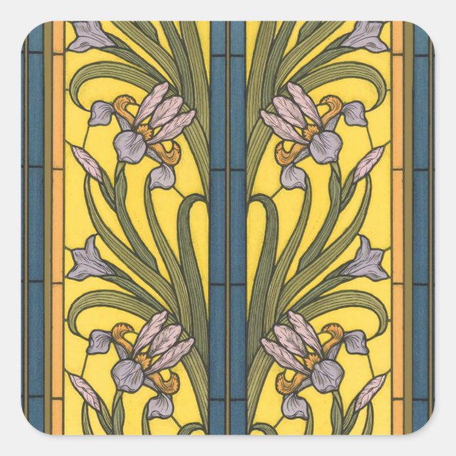Sticker Carré Iris Fleur Art Nouveau Vitrail Bleu Or (Devant)