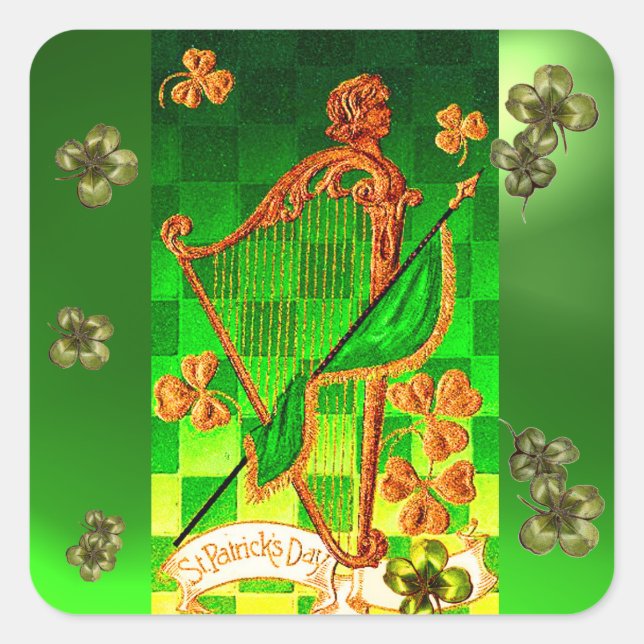 Sticker Carré IRLANDE HARP, OR VERT SHAMROCK St Patrick's Day (Devant)