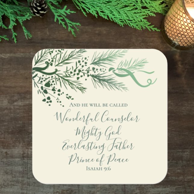 Sticker Carré Isaïe 9:6 Élégant unique de verdure Pine Noël (Isaiah 9:6 Christian Bible scripture with unique sage greenery elegant script Christmas sticker 
)