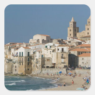 Sticker Carré Italie, Sicile, Cefalu, Ville avec Duomo de
