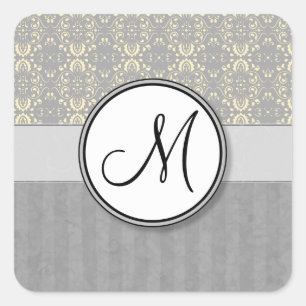 Sticker Carré Ivoire sur Damas argenté et rayures avec Monogramm