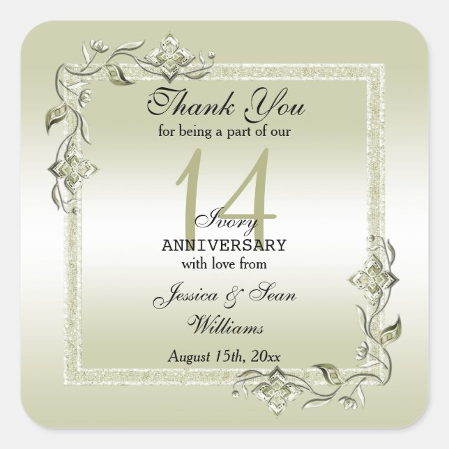 Sticker Carré Ivory Gem & Parties scintillant 14e anniversaire d (Devant)