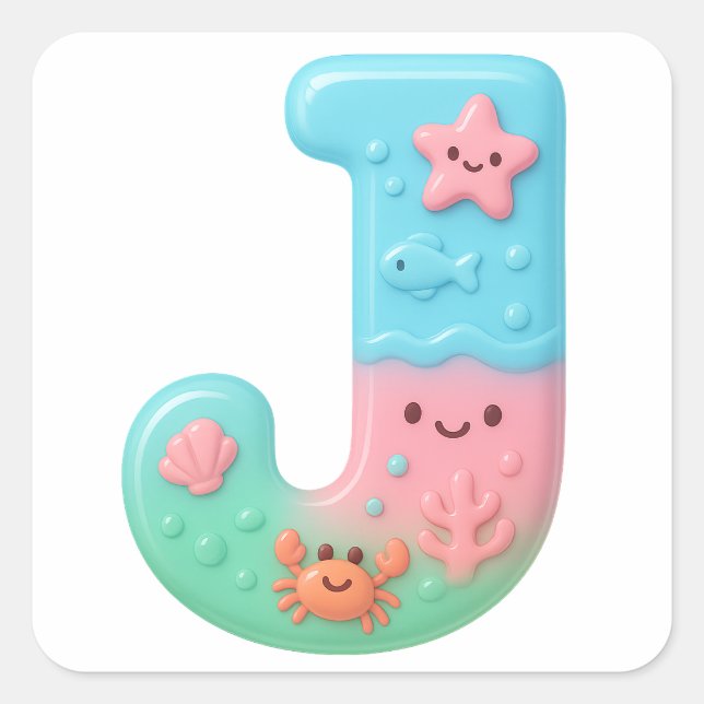 Sticker Carré "J" Cute Letter - Underwater Sea Creature (Devant)