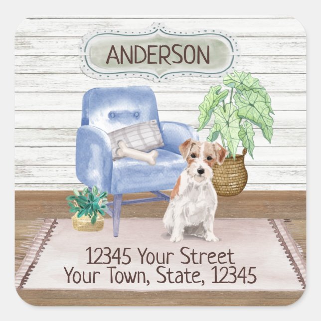 Sticker Carré Jack Russell Terrier Cosy Nouvelle adresse (Devant)