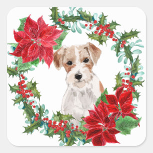 Sticker Carré Jack Russell Terrier Poinsettia couronne de Noël
