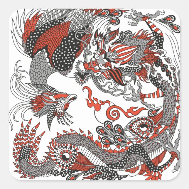 Sticker Carré Jade Dragon and Gold Phoenix playing with a pearl  (Devant)