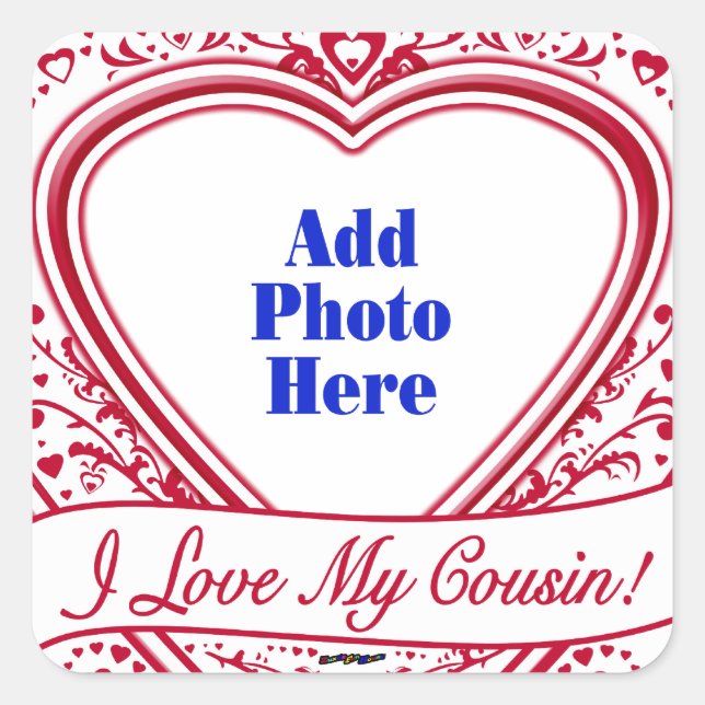 Sticker Carré J'adore mon cousin ! Photo Red Hearts (Devant)