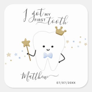 Sticker Carré J'ai eu ma première dent bébé Garçon date squar