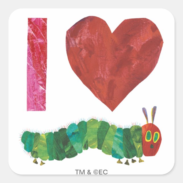 Sticker Carré J'Aime La Caterpillar Très Affamée (Devant)