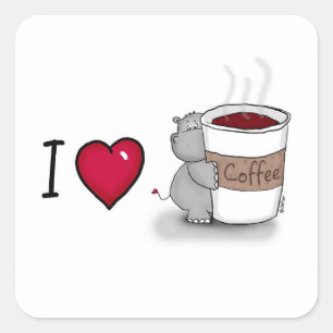 Sticker Carré J'aime le café - coffe d'amours d'hippopotame