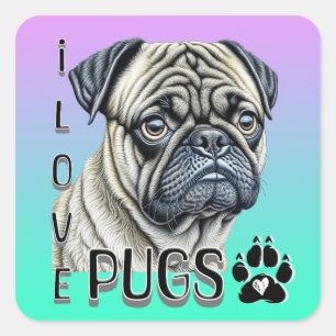 Sticker Carré J'aime les Carlins   Propriétaires de chiens migno