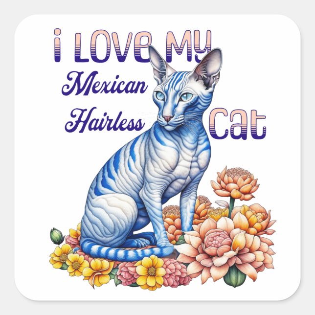 Sticker Carré J'aime mon chat mexicain sans cheveux (Devant)