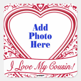 Sticker Carré J'aime mon cousin ! Coeurs de rouge de photo