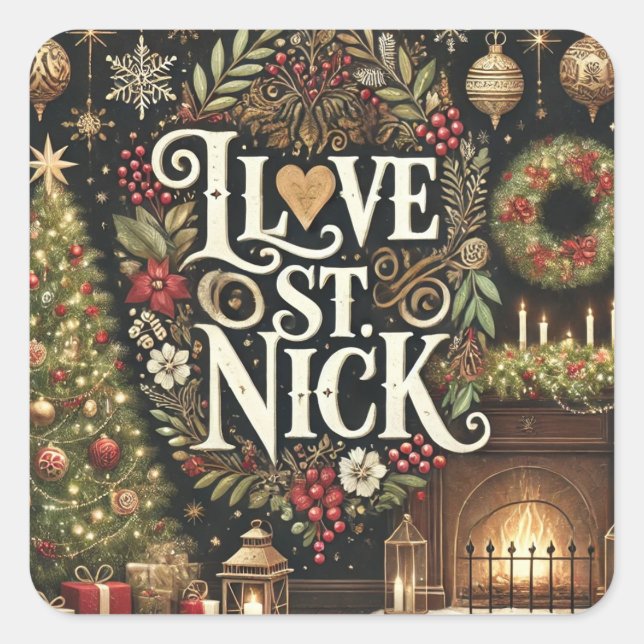 Sticker Carré J'aime St. Nick Noël Festive religieuse (Devant)