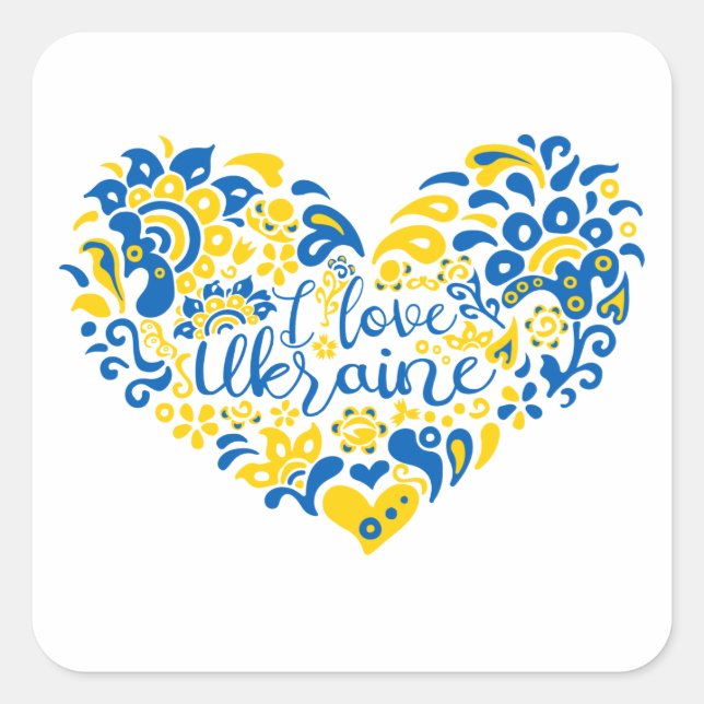 Sticker Carré J'aime Ukraine inspiration citation coeur (Devant)