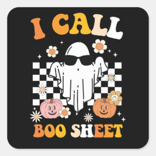 Sticker Carré J'Appelle Boite Feuille Halloween Retro Ghost