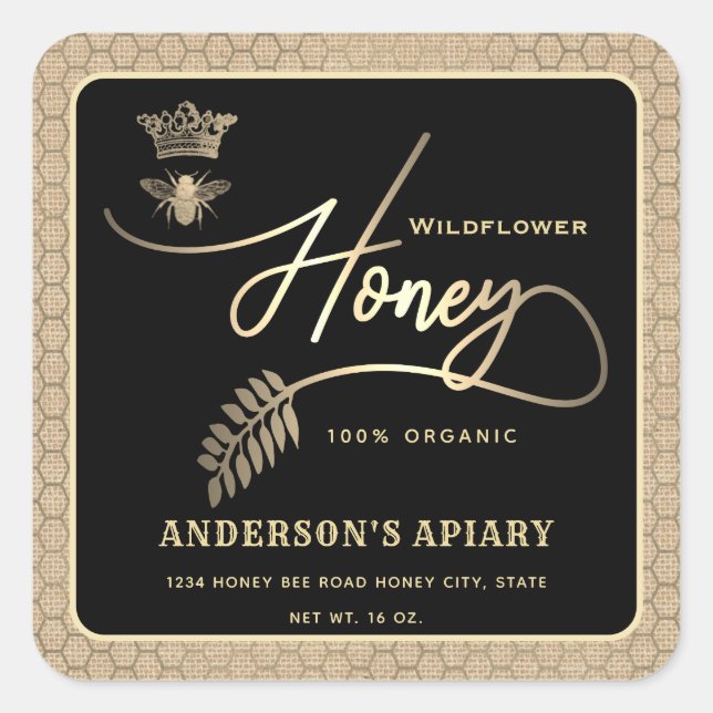 Sticker Carré Jar de miel script moderne queen bee lin look (Devant)