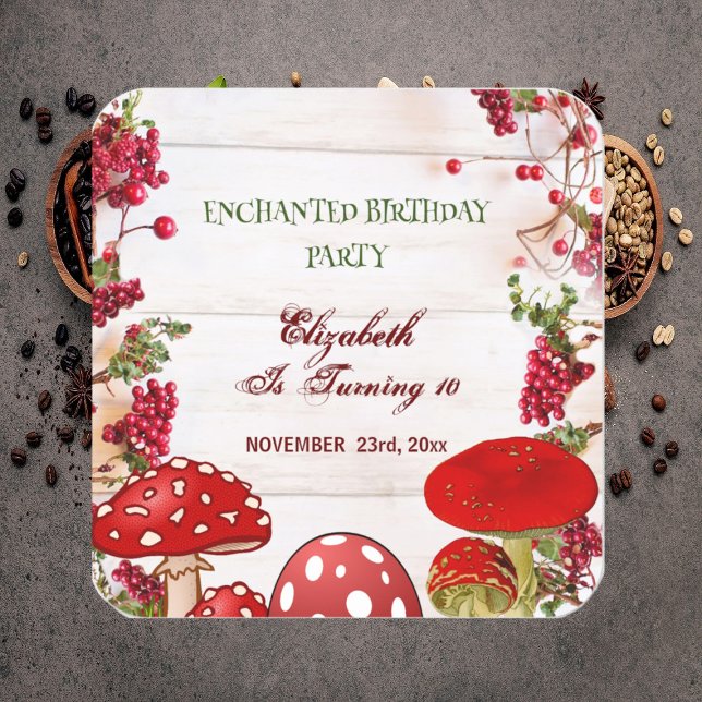 Sticker Carré Jardin de Baies Rouges Amanite Enchantée Champigno (Red Berry Garden Toadstool Kid's Magic Mushrooms Square Sticker)