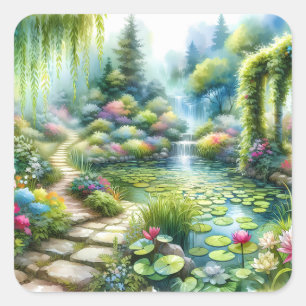 Sticker Carré Jardin de cascade enchanté avec bassin de nénuphar