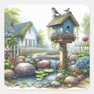 Sticker Carré Jardin de maisonnette à l'aquarelle avec nichoir à