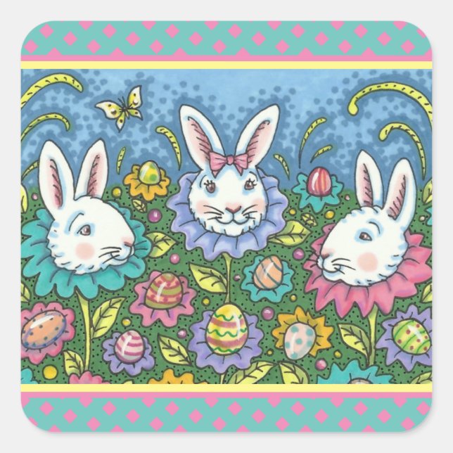 STICKER CARRÉ JARDIN D'OEUFS DE PÂQUES BLANCS, FLEURS DE RABBIT  (Devant)