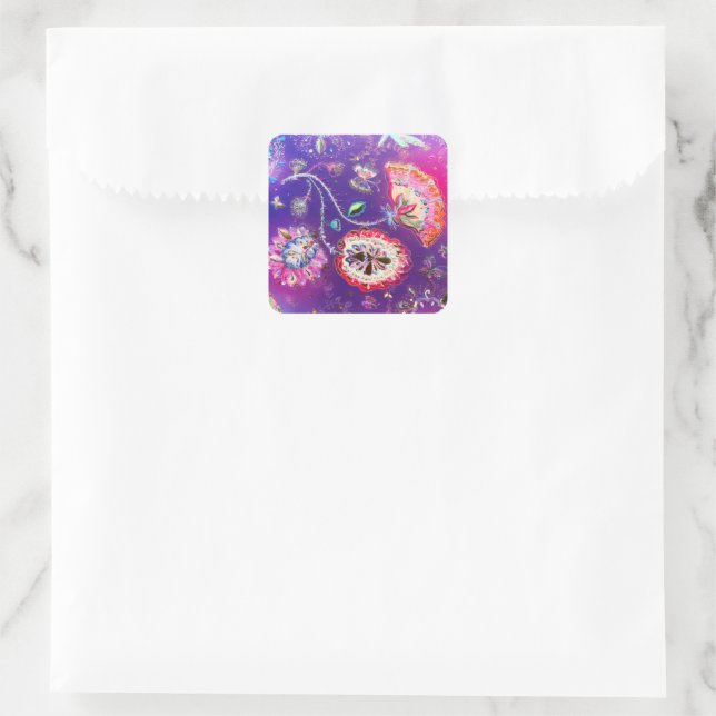 Sticker Carré Jardin floral de papillon rose pourpre (Sac)