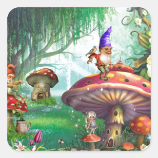 Sticker Carré Jardins de fleurs de champignons Gnomes enchantés