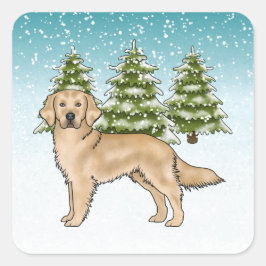 Sticker Carré Jaune Golden Retriever Chien Bleu neige Noël